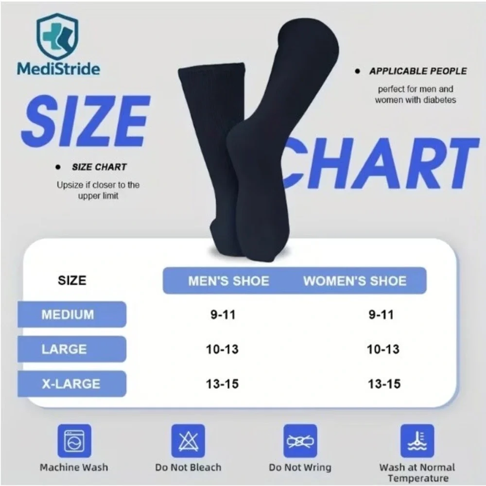 Medistride Non-binding Diabetic Circulatory Crew Socks 13-15 Gray Edema 3‎ Pairs